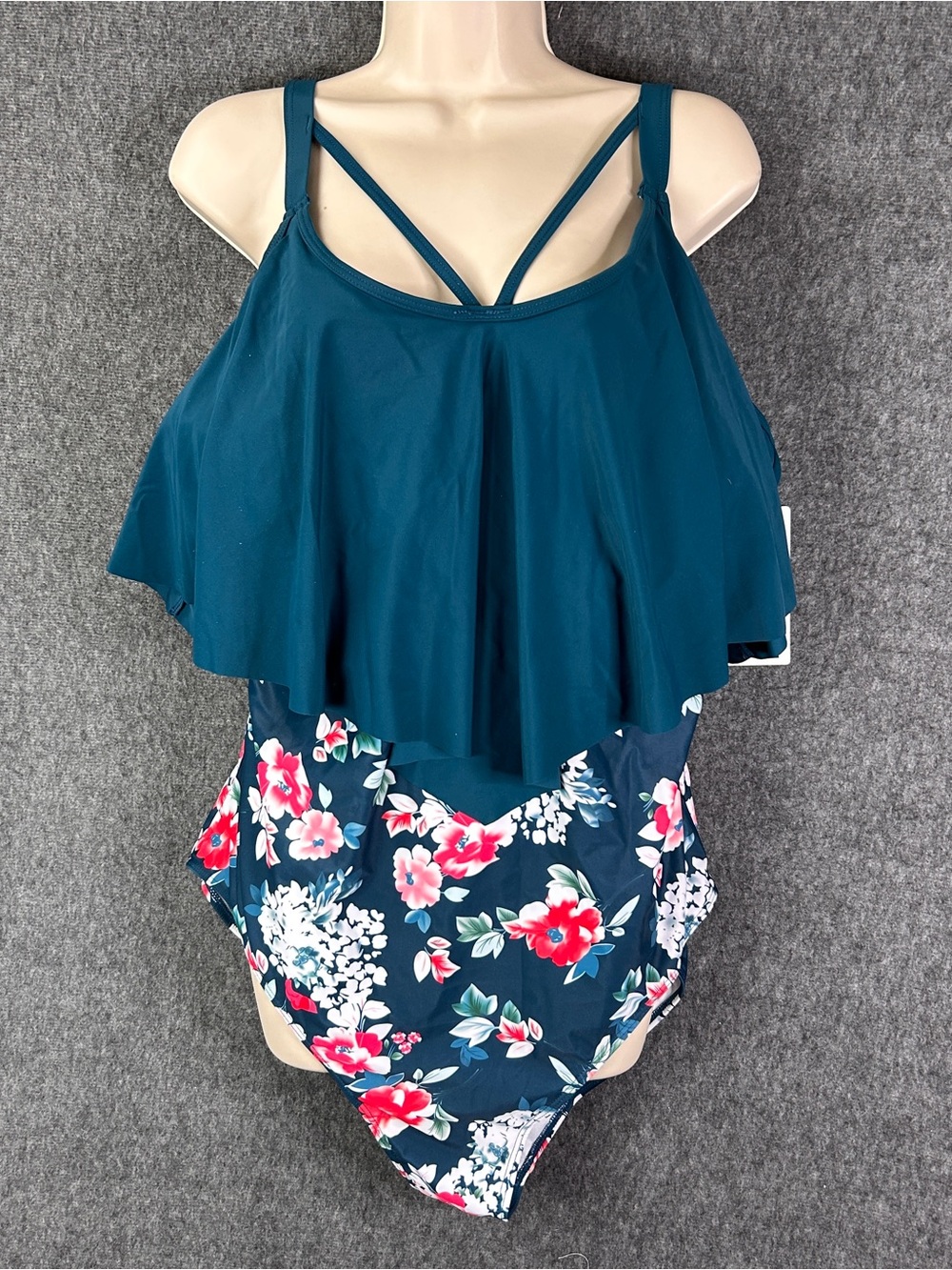 BloomChic Swimsuit Womens 18-20 Green Blue Floral Ruffle Tank One Piece Plus